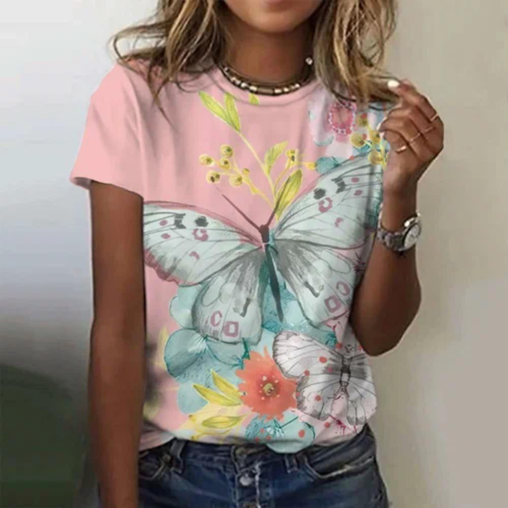 Summer Fashion Women's T-Shirt Beautiful Butterfly Flowers Printed Casual Short Sleeved Casual Oversized Round Neck T-Shirt