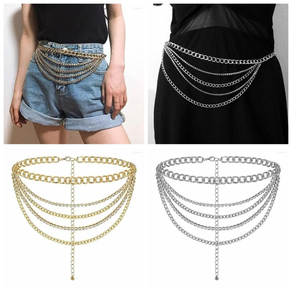 Multi Layer Design Body Chain Metal Rhinestone Belt Fashion Waist Chain Party Wear