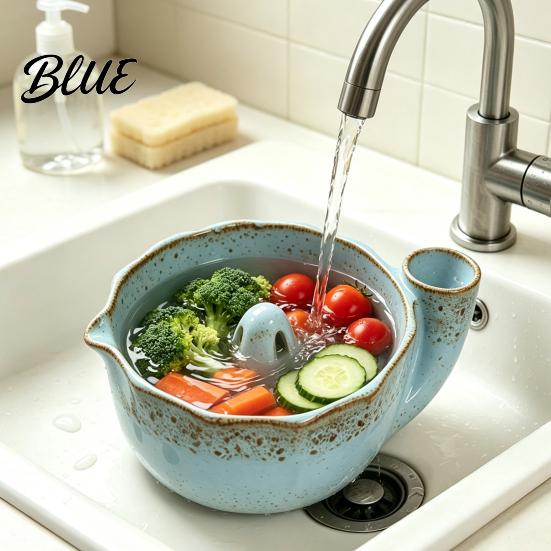 Fruit Serving Plate Vortex Design Bowl Strainer with Ceramic Berry Holes Self-Spinning Food Grade Rinse for Kitchen Berries Vegetables