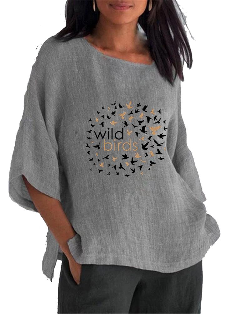 Women Fashion Cotton Linen 3/4 Long Sleeve Top Spring&summer O Neck Print Shirt Ladies Pullover Loose Blouse
