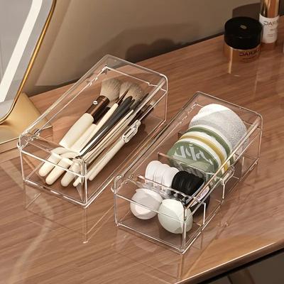 Acrylic Makeup Organizer with Flip Lid Multi-Compartment Desktop Comestic Tools Organizer for Makeup Brushes Powder Puff Tools