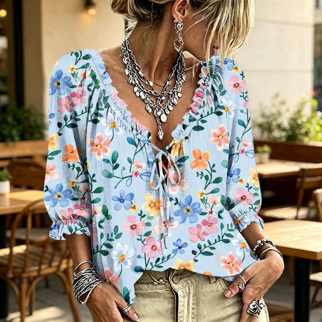 Women's Casual V-Neck Ruffle Tie Printed Blouse