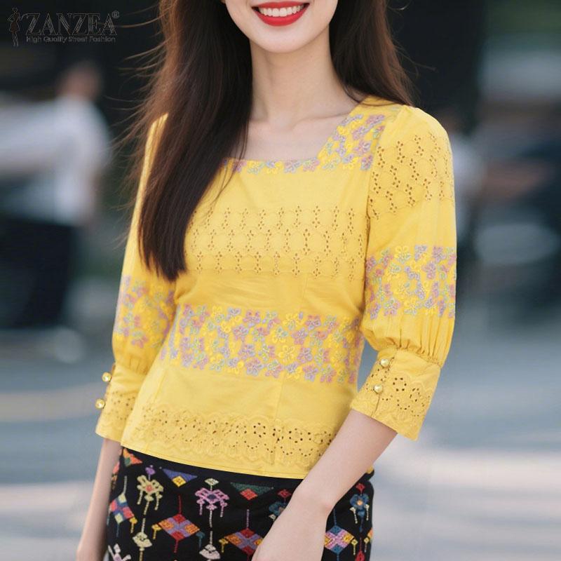 ZANZEA Women Casual Square Collar Summer 3/4 Sleeve Ethnic Print Blouse
