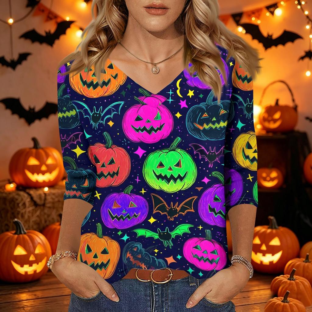 Womens Casual Halloween Print V Neck Three Quarter Sleeve Top Lightweight Stretchy Blouse for Fall Seasonal Wear