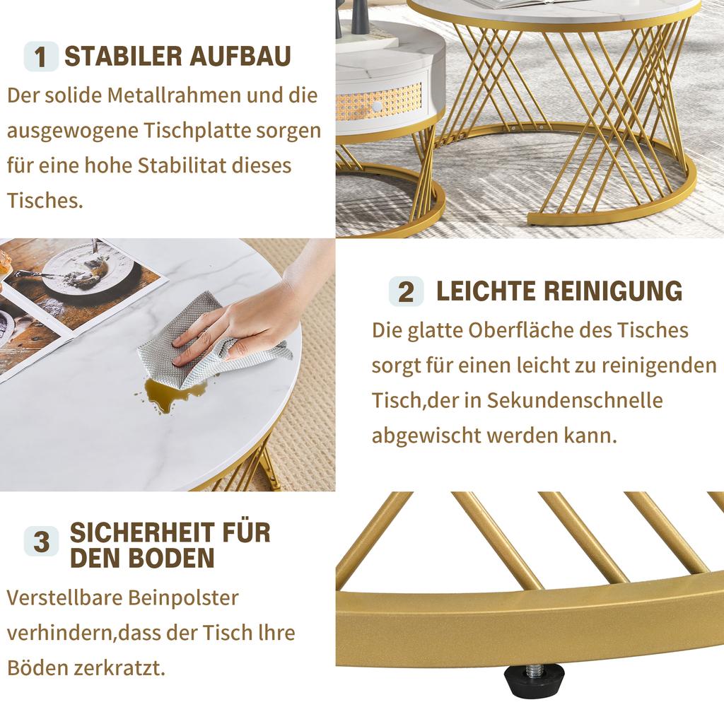 2-in-1 Runder Couchtisch aus MDF, Beistelltisch mit Marmorplatte und Schubladen aus Kunststoff-Rattan, Griffe aus Massivholz. Goldene Eisenfüße.