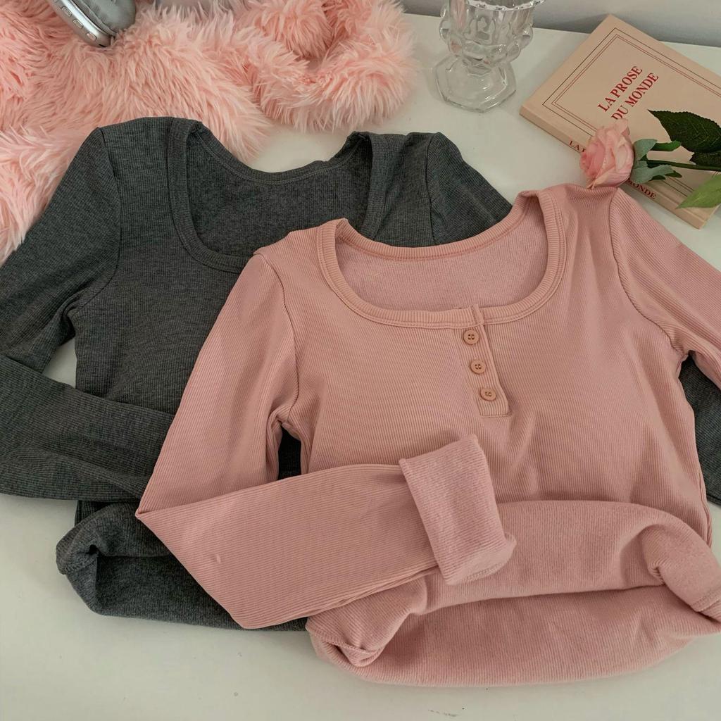 Women's Slim Fit Square Collar Long-Sleeved T-Shirt with Chest Pads for Autumn and Winter