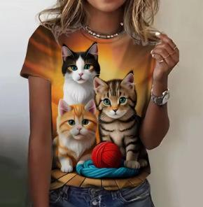Fashion Women's T-Shirt Printed Kawaii Cat Pattern Short Sleeve Crew Neck Top Summer Outdoor Casual Street