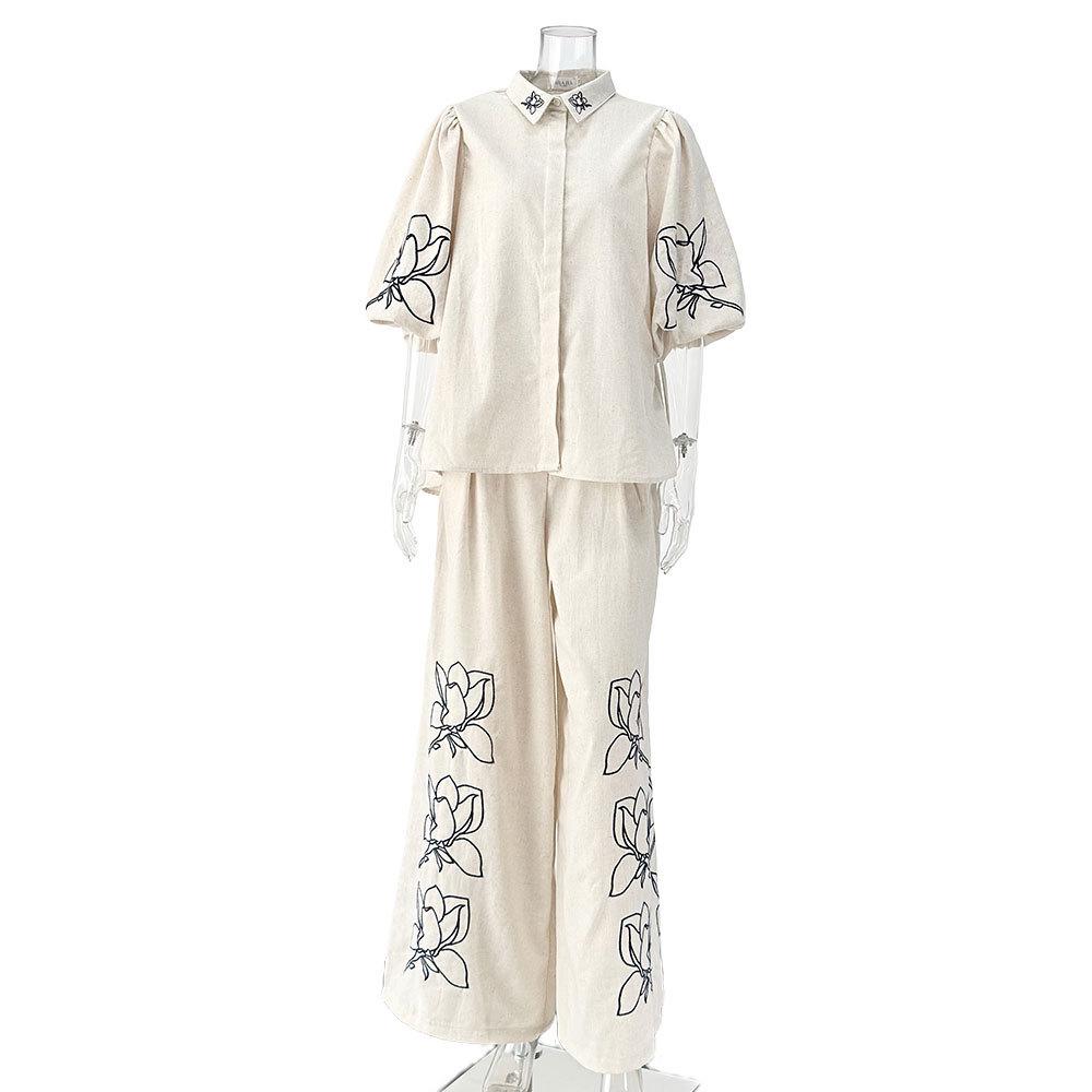 High-End Fashionable Cotton Linen Embroidery Wide-Leg Pants Suit for Women