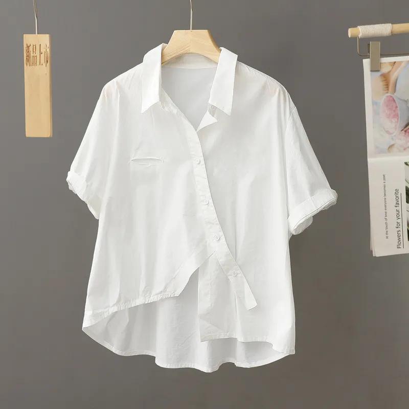 

French Short-sleeved Top Women Irregular Hem Summer Thin Pure Cotton Short Shirt S білий