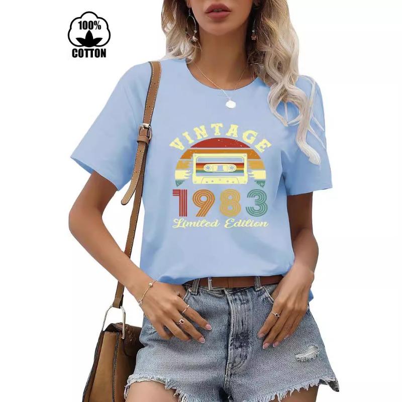 Cotton Short Sleeved Round Neck Printed T-shirt Women
