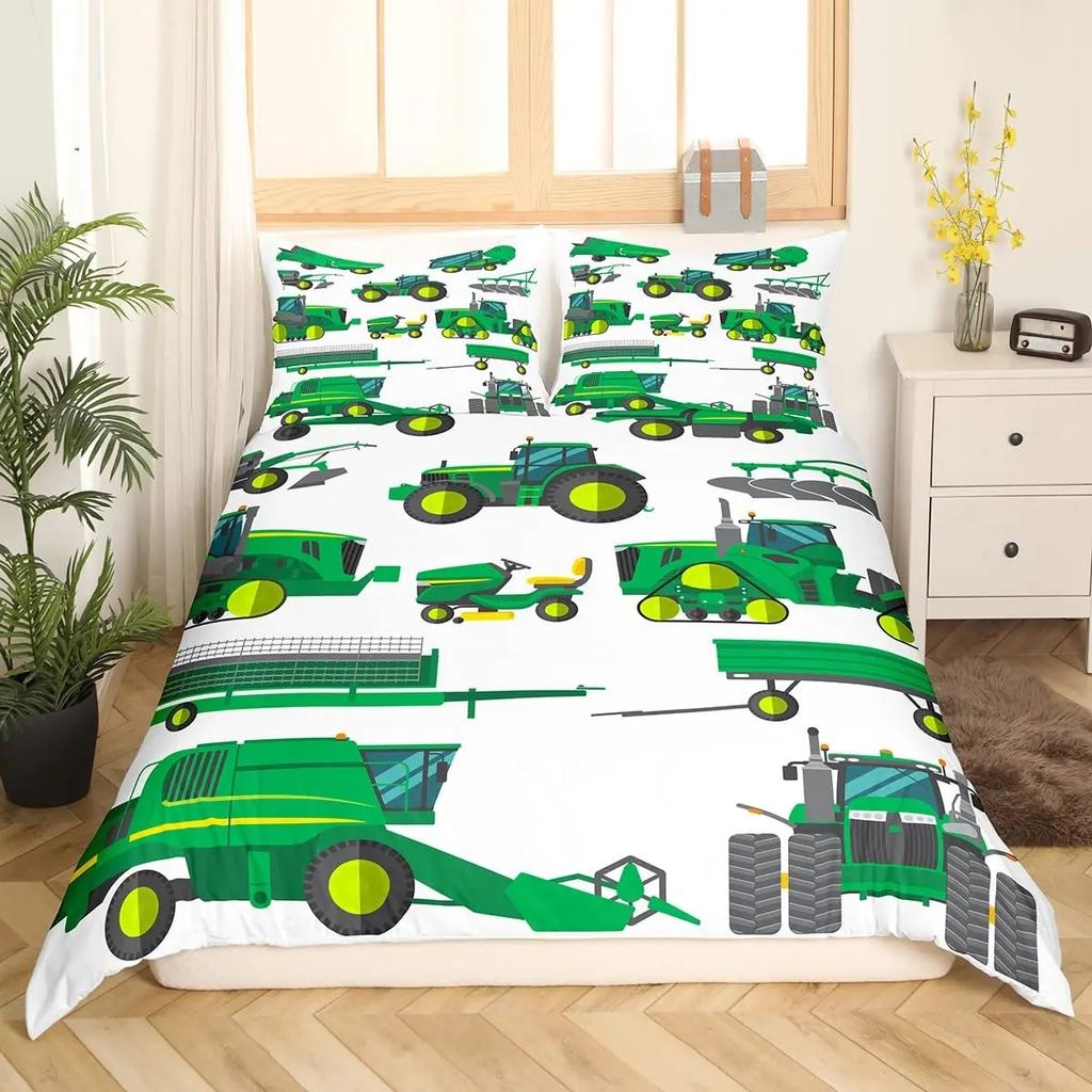 Cartoon Garbage Truck Duvet Cover Green Trash Truck Bedding Set Green Vehicle Car Comforter Cover Garbage Truck Toy Quilt Cover