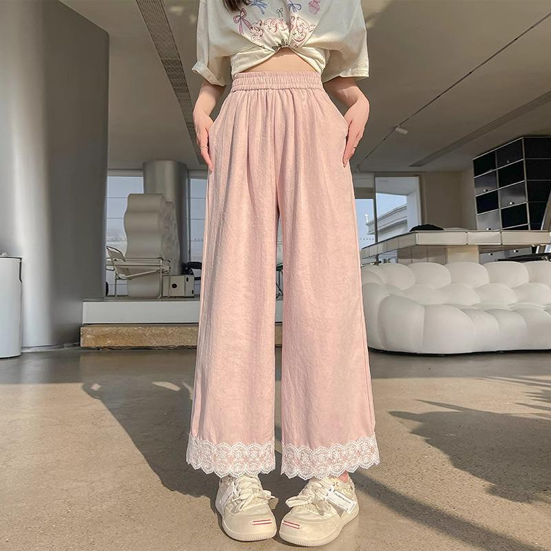 

Брюки с широкими штанинами и кружевной отделкой из ледяного шелка - Женские стройнящие повседневные летние брюки с высокой талией для миниатюрных L (106-115 lbs)