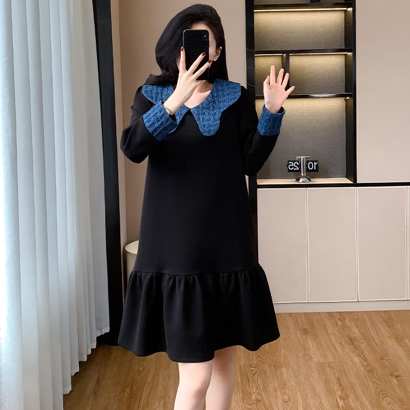 

Платье с длинным рукавом и оборками, с воротником Питер Пэн в стиле колор-блок - Приталенный, Молодящий осенне-зимний стиль XL