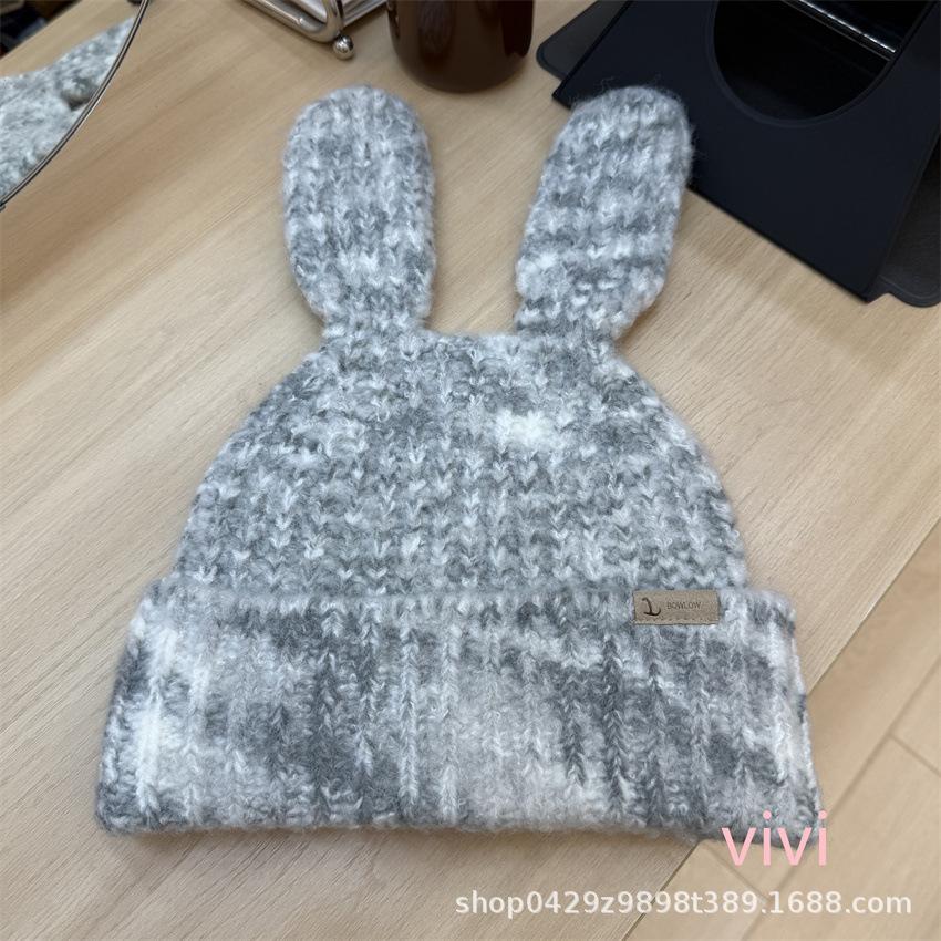 New mixed-color knitted wool hat women's winter warm temperament girl knitted hat cat ear knitted miscellaneous flower hat