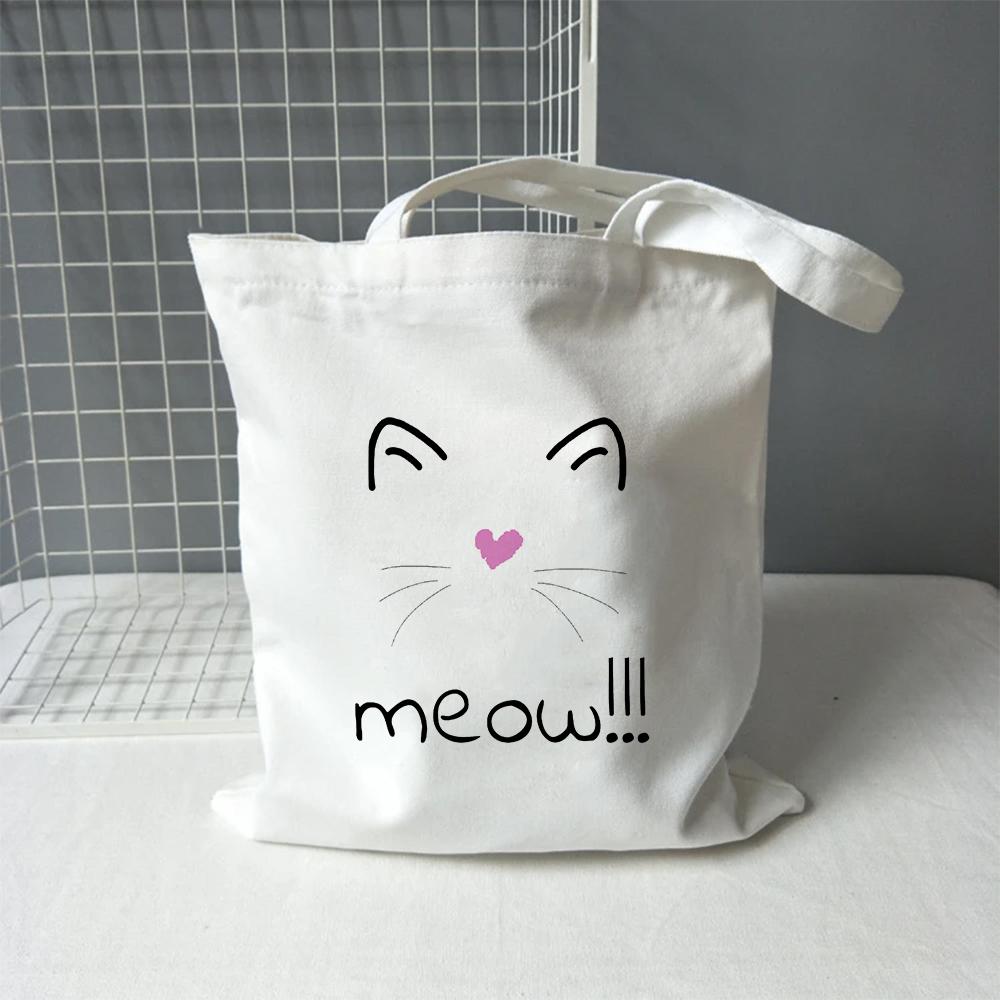 Cute Meow Cat Canvas Shopping Bag Women Large Capacity Storage Handbag Shoulder Tote Reusable Student Bookbag Fashion Shopper