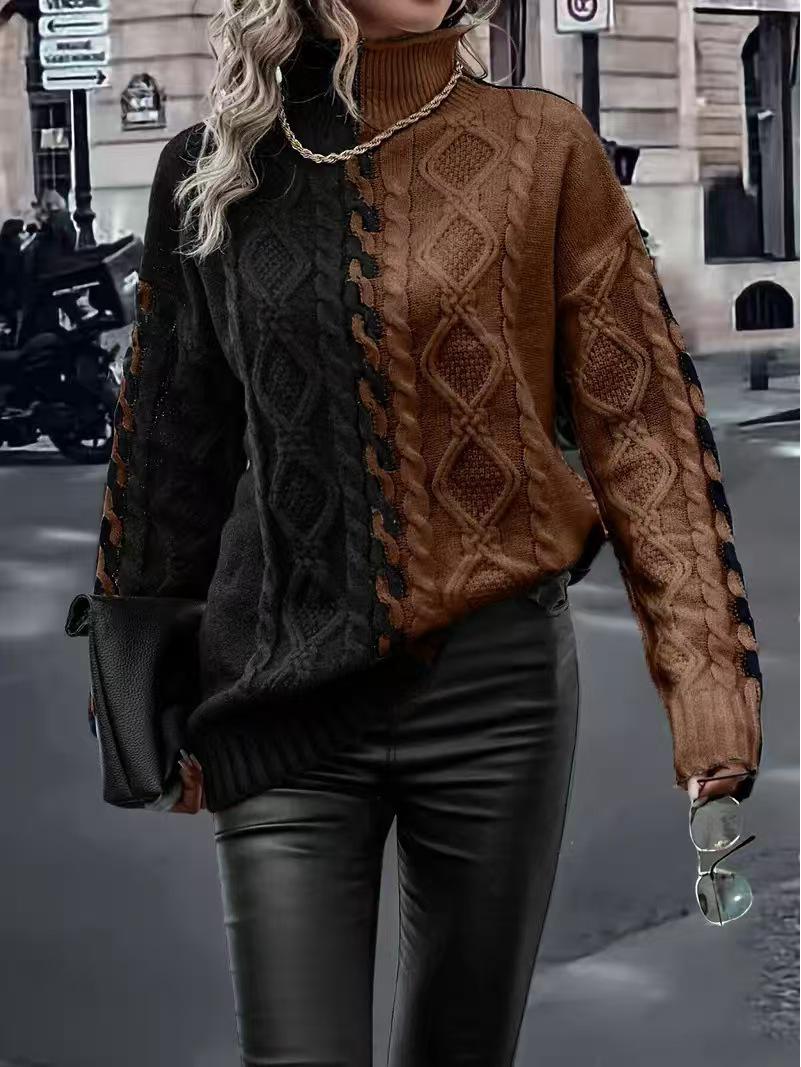 

Европейский и американский женский свитер пэчворк в стиле колор-блок с высоким воротником S