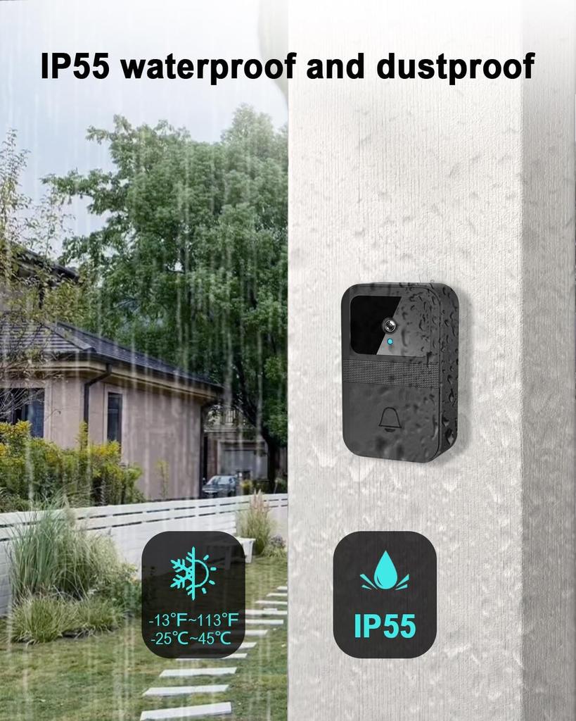 Wireless Video Doorbell (WiFi Smart Doorbell) Supports Two-way Communication and Provides Video Monitoring At the Front Door for Home Security.
