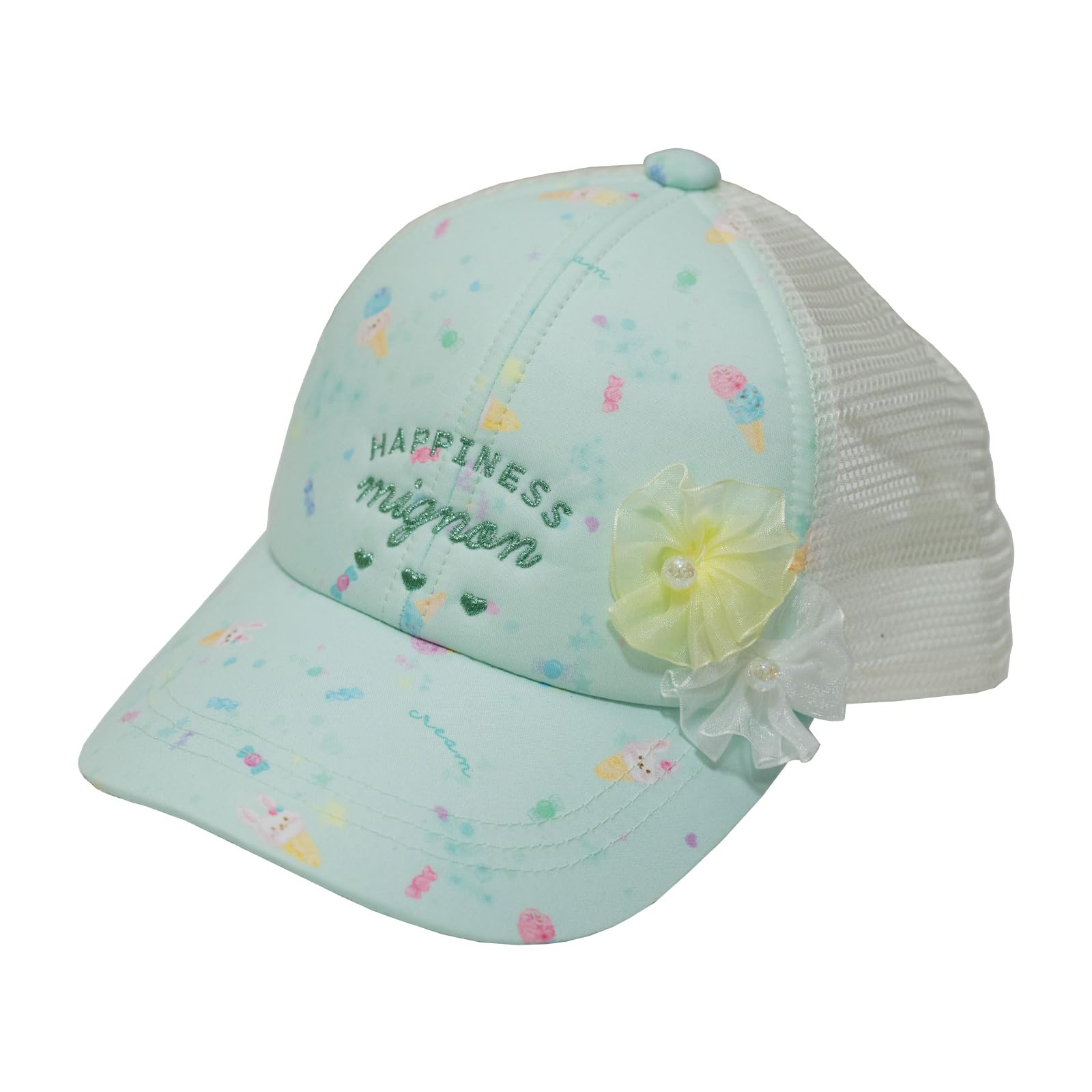 

Tulle Flower Mesh Cap Elementary School Size [happybeans] Girls Hat, (54cm, Mint) мятный