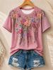 Women's Simple and Versatile Casual Short-Sleeve Floral Print Round-Neck Elegant T-Shirt Stylish Loose-Fitting Women's Top