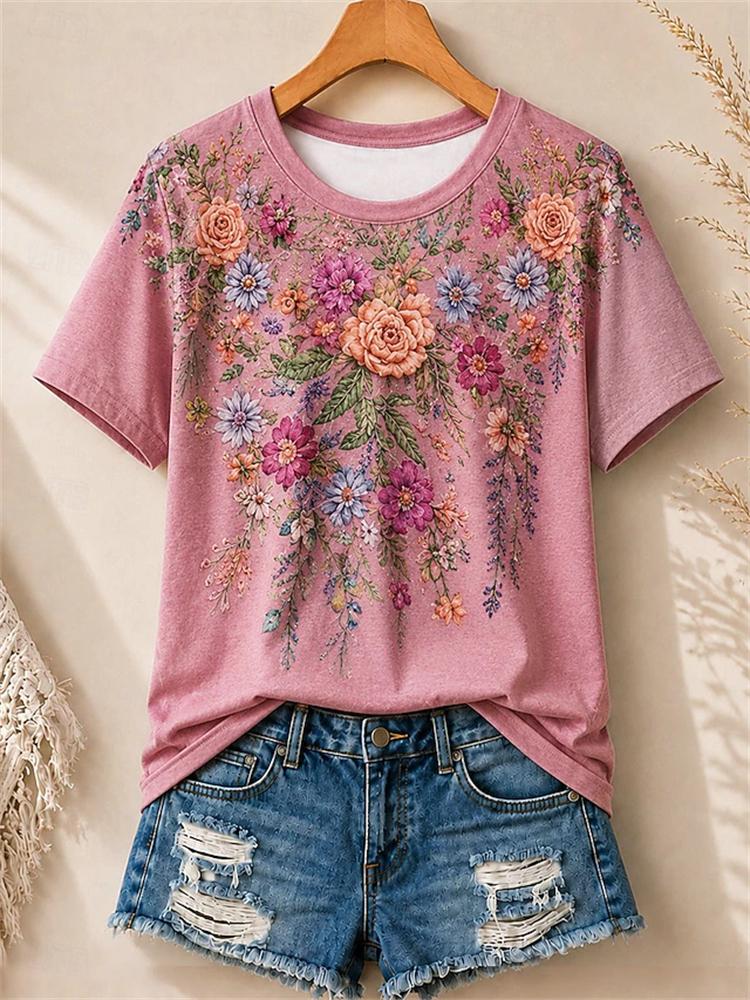 Women's Simple and Versatile Casual Short-Sleeve Floral Print Round-Neck Elegant T-Shirt Stylish Loose-Fitting Women's Top