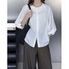 Ju Zhi 2025 Spring Chic Solid Color French Round Neck Gathered Sleeve Women's Shirt