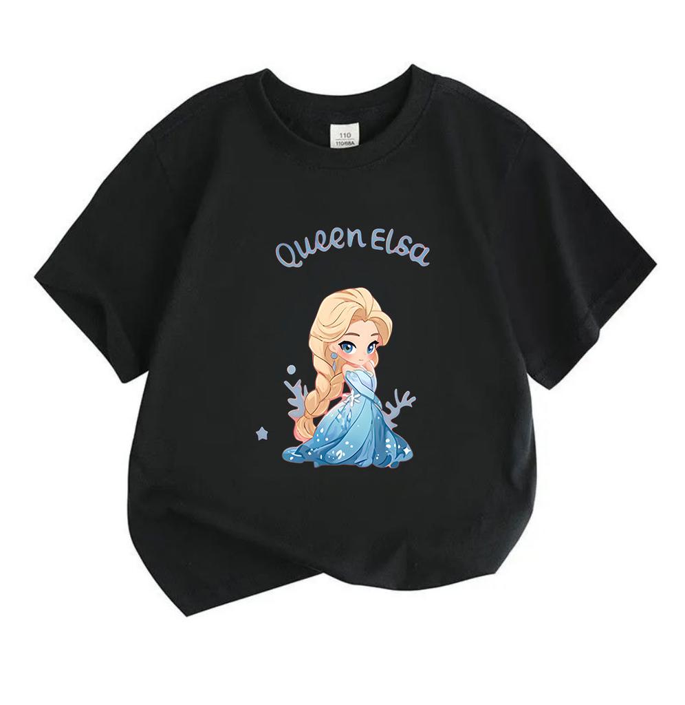 Kids Girls Boys Cute Queen Elsa Cartoon Print T Shirt 100% Cotton O-Neck Short Sleeve Casual Summer Tee Tops Soft Breathable Lightweight Warm Child To