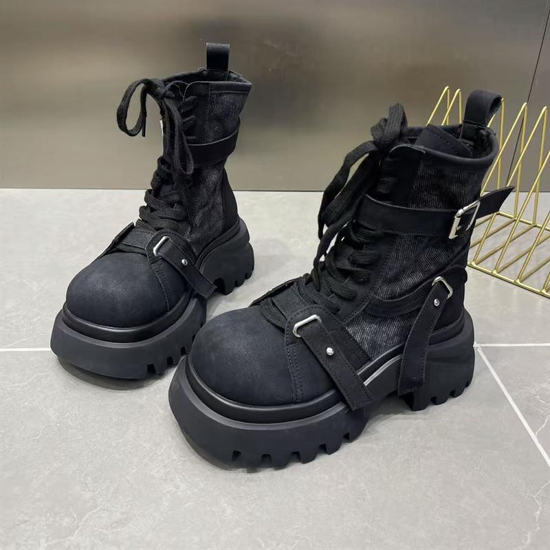 

Европейские джинсовые ботинки Мартина на толстой подошве с головой маффина для женщин на весну и осень 2025 года, новые короткие ботинки-локомотивы на небольшом каблуке 40 чёрный