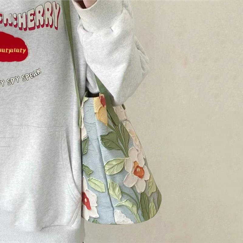 Yogodlns Nová Módní Květinový Vzor Kbelíková Taška Plátěná Ležérní Taška přes Rameno Velká Kapacita Kreativní Kabelka pro Ženy