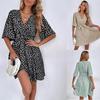 Letnie eleganckie damskie rękawy nietoperzowe seksowny dekolt w serek nieregularna sukienka nowa damska moda z nadrukiem luźna Mini wieczorowa sukienka Maxi D41