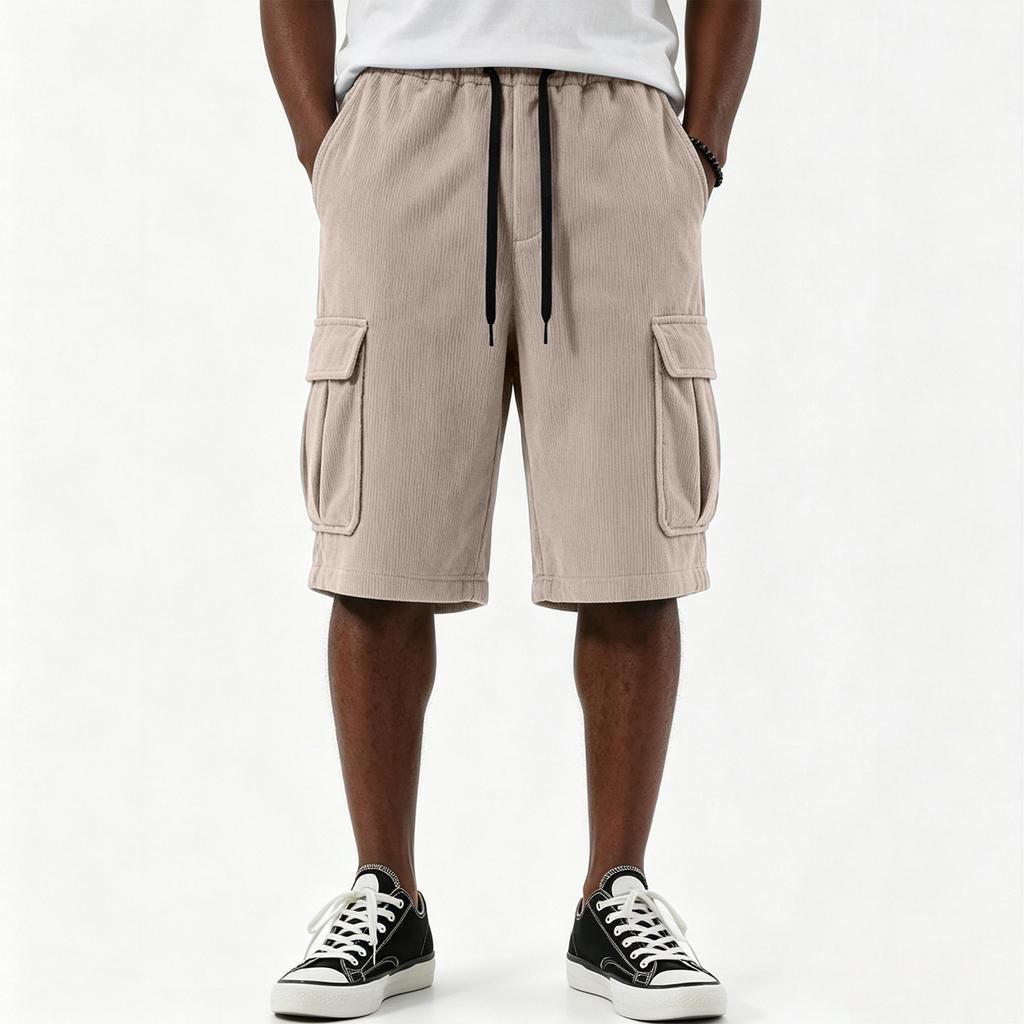 Men’s Casual Drawstring Waist Relaxed Fit Multi Pocket Knee Length Shorts with and Patch for Everyday Wear