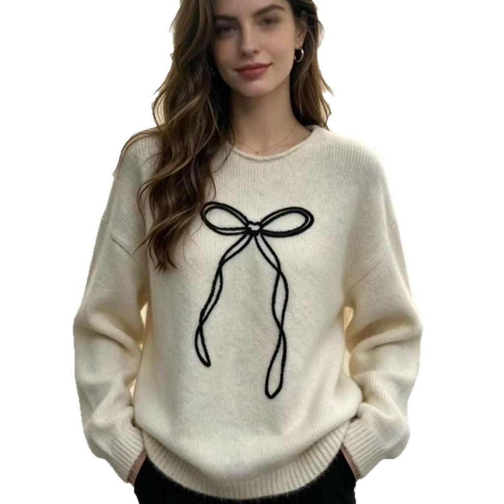 2026 European & American Autumn Fashion Casual Loose Bow Jacquard Knit Sweater – Round Neck Top