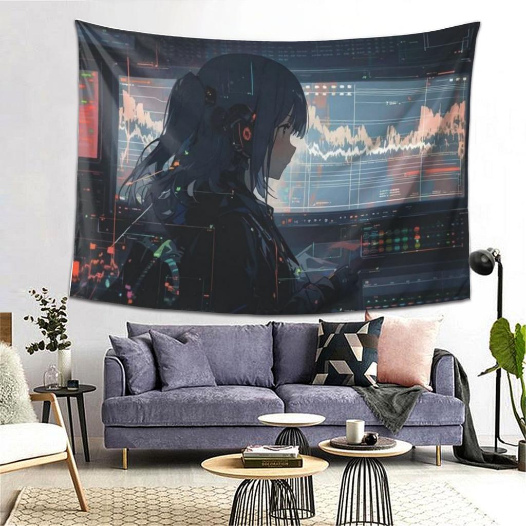 Cyberpunk Anime Mädchen Wandteppich  Feiert futuristische Kunst mit Neonschildern und digitalen Bildschirmen  Perfekt für die Wohnungsdekoration