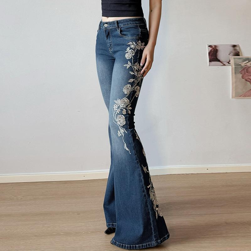2026 New Women's Embroidered Flared Jeans, Low Waist Vintage Denim Pants with Rose Embroidery and Pocket Design for Autumn Winter