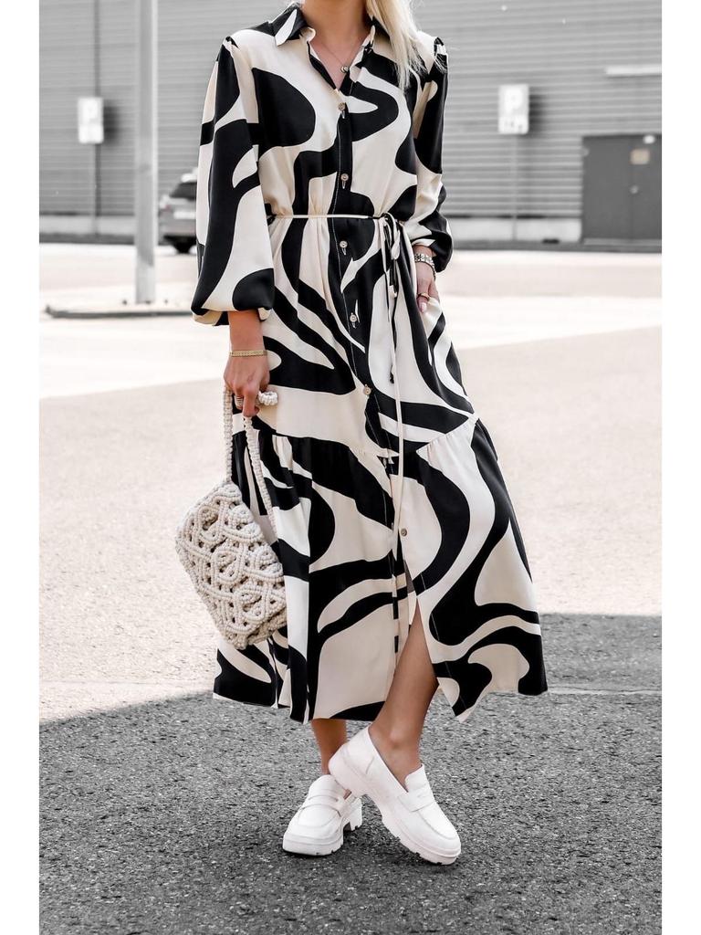 2025 European & American Spring/Autumn Fashion Print Long Shirt Dress with Tie-Up and Pockets