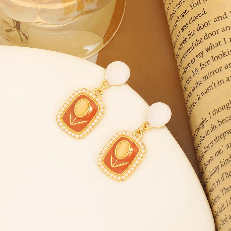 S925 Tulip Opal Earrings Sugar Cube Pearl French Vintage Earrings Cream Delicate Earrings