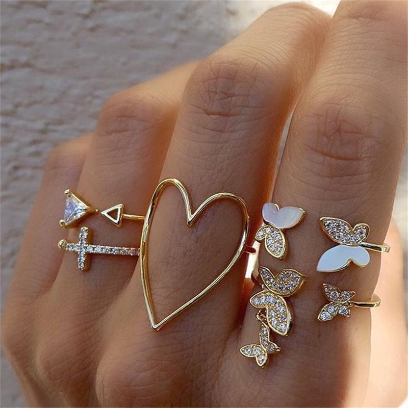 Neues Boho Goldfarbenes Herzringe Set Für Frauen Vintage Geometrisch Kreuz Perle Schmetterling Fingerring Weiblich Trendiger Schmuck Geschenke