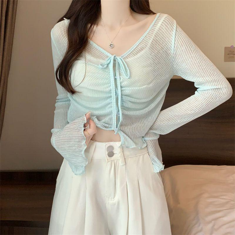 

Летний повседневный универсальный топ с завязками - дизайн с поясом, облегающий, с длинным рукавом, вязаный кардиган с расклешенными рукавами для женщин One size синий