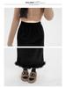 Black Velvet Fleece-Lined High-Waist Midi Skirt with Slit