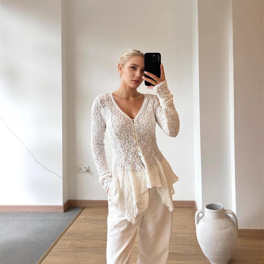 European and American lace cardigan breasted shirt women s slim-fitting long-sleeved temperament top light luxury high-end sense S