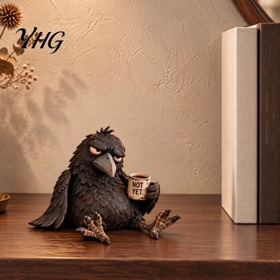 Funny Coffee Cup Raven Figurine with Mug, Resin Crow Statue, Realistic Animal Sophisticated Desk Accessory Ornament for Home Decor, Creative