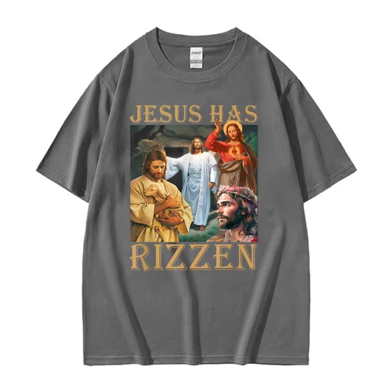 Jesus Has Rizzen Jesus Funny T Shirts Mens Clothing Summer Short Sleeve Pop Vintage Trend Cool Tshirt Cotton Oversized T Shirt