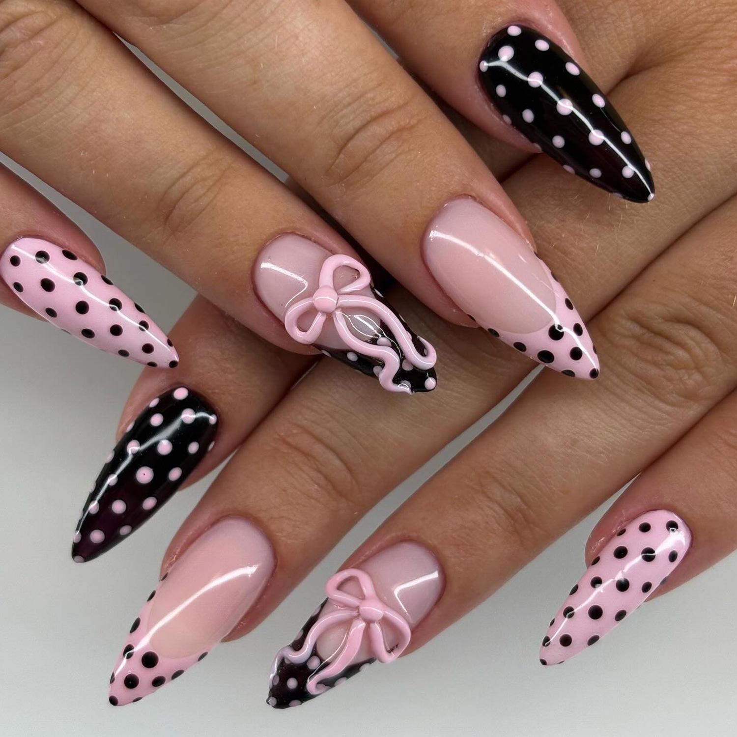 

Cross-Border E-commerce: French Style 3D Polka Dot Nude Pink & Black Nail Art with Bowknot