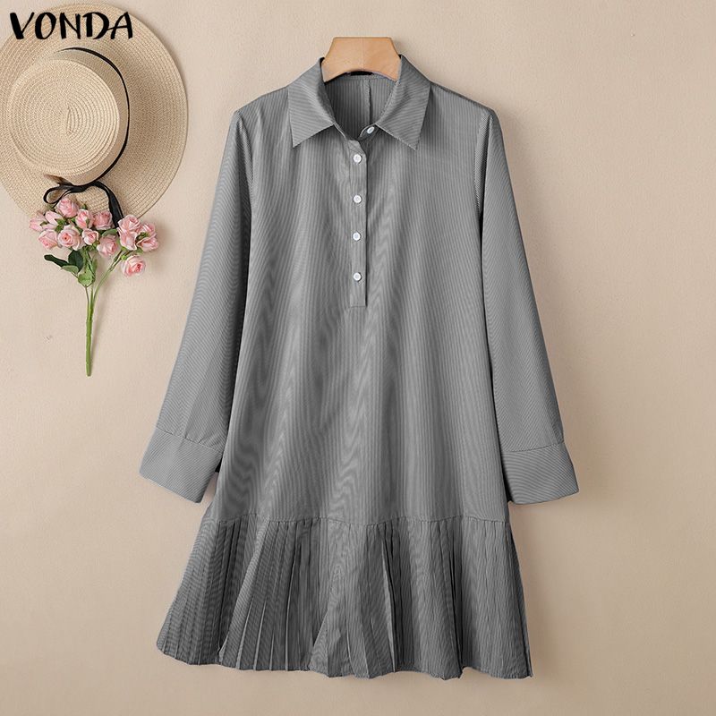 VONDA Elegant Women Lapel Neck Long Sleeve Striped Ruffled Casual Shirts Dress