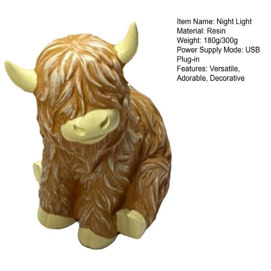 Highland Cattle Night Light Handcrafted Resin Lamp with Amber Glow Cute Desk Decor Bedside Reading Light Unique Gift for Animal Lovers & Rustic Home