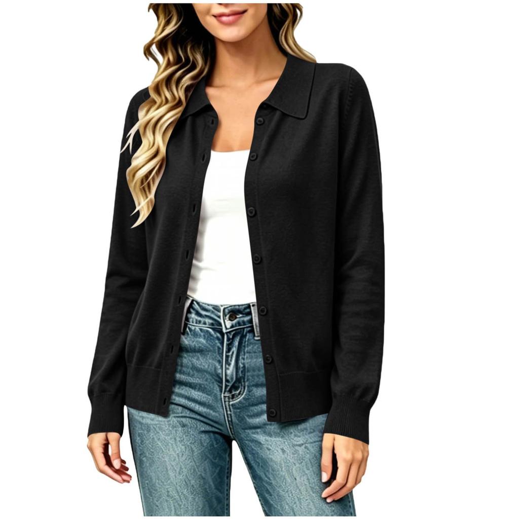 Women Lightweight Button Front Cardigan Sweater Long Sleeve Collared Knit Top Casual Layering Shirt Suitable for Various Outfits
