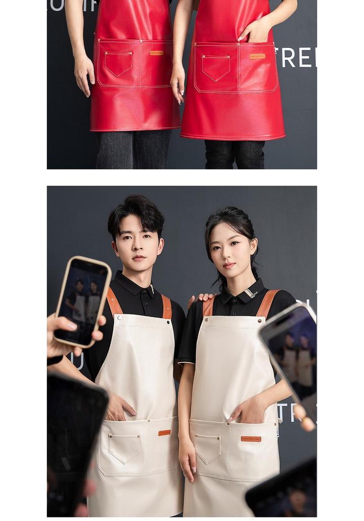 In-Stock Waterproof PU Leather Women's Catering Apron - Oil-Proof Kitchen Smock