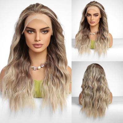 13x4 Lange gewellte synthetische Lace-Front-Perücken, Ombre-Braun-Blond, für Frauen, Alltag, Party, Cosplay, hitzebeständige Faser