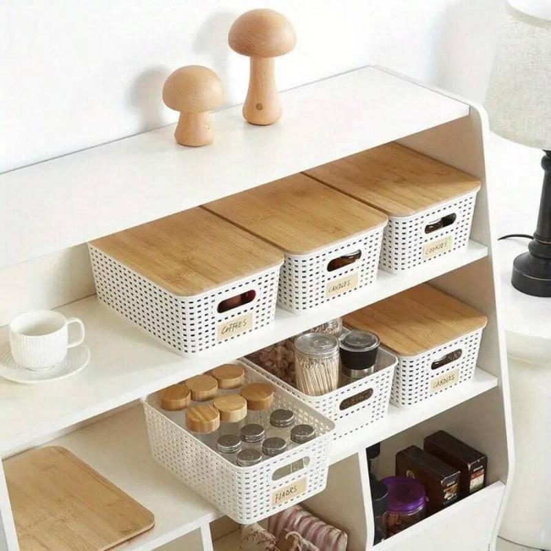 6-Piece Plastic Storage Basket With Bamboo Lid, Stackable Storage Basket Storage Box, Suitable For Home, Office, Game Room