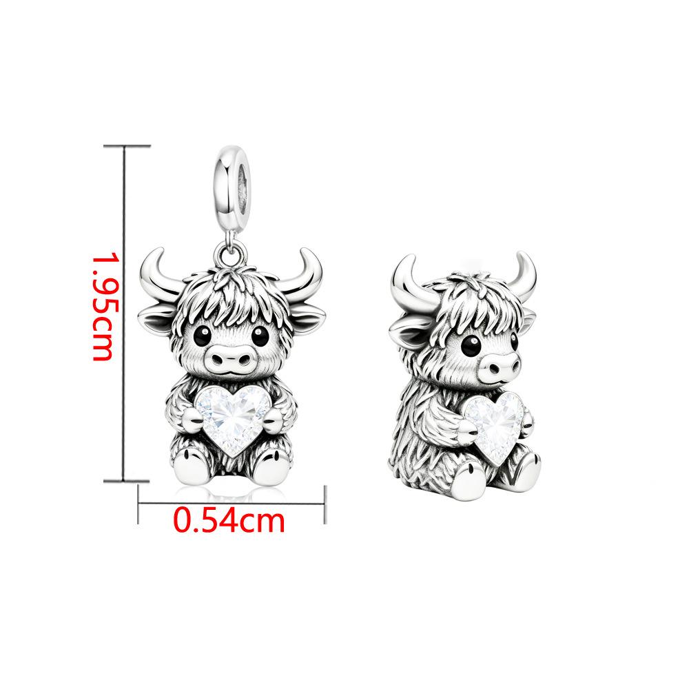 Eco-friendly S925 Copper Highland Cattle Pendant Bead Bracelet - European & American DIY Loose Beads Accessories