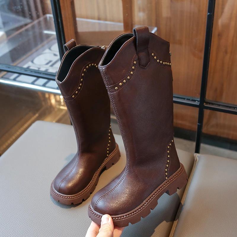 2024 New Girl Winter Boots Black Brown Mid-calf Versatile Children's Fashion Boots Warm Plush Kids Causal Cotton Boots Zipper